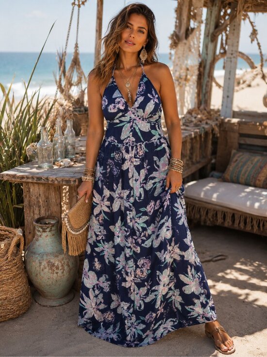 Dresses & Skirts - Navy Floral Maxi Dress with Pastel Blooms